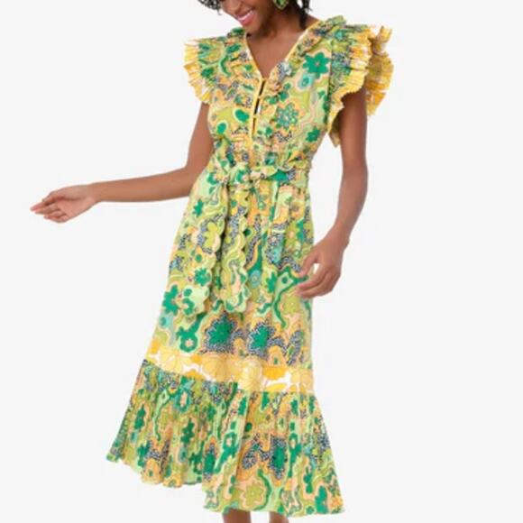 Celia B Green Floral Sunflower Ruffle Midi Dress Size Medium - Picture 1 of 11